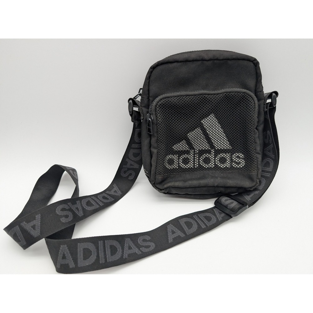 Adidas Black Canvas Festival Crossbody Bag Mesh Pocket Branded Strap